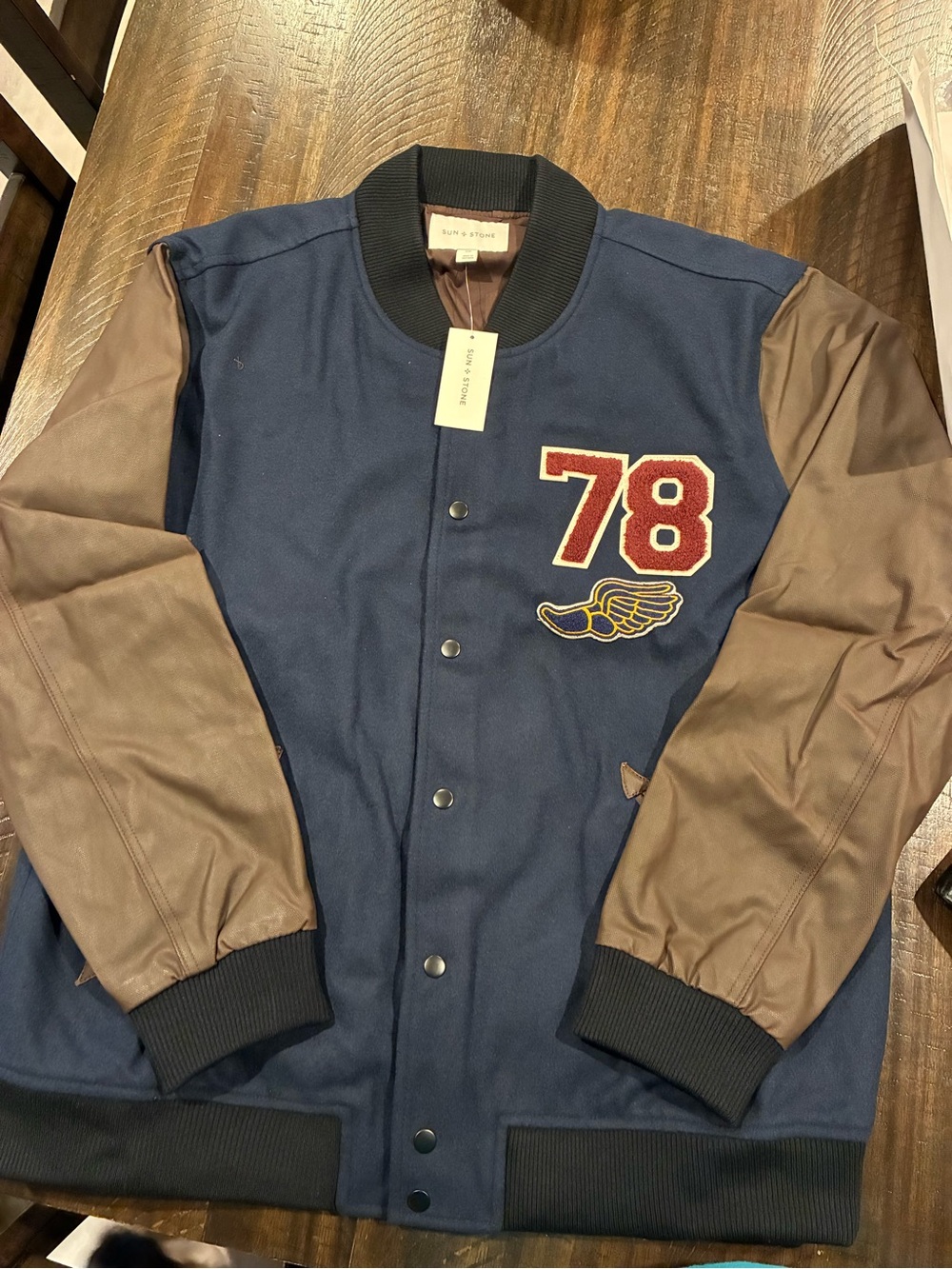 Sun + Stone Navy and Brown Bomber Varsity Jacket with Red 78 Patch